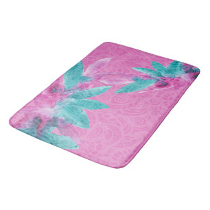 Turquoise Pink Abstract Hawaiian Flowers Bath Mat