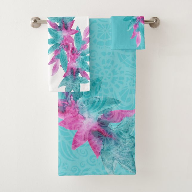 Turquoise Pink Abstract Hawaiian Flowers Bath Towel Set (Insitu)