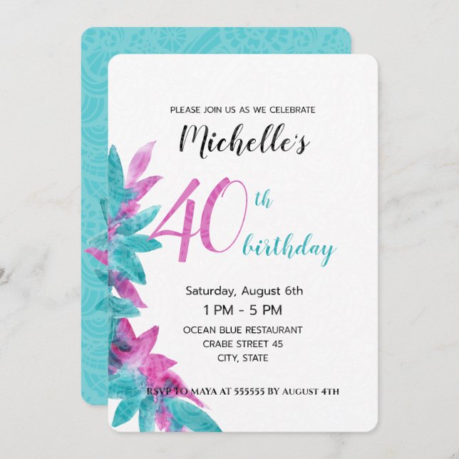 Turquoise Pink Abstract Hawaiian Flowers Invitation (Front/Back)