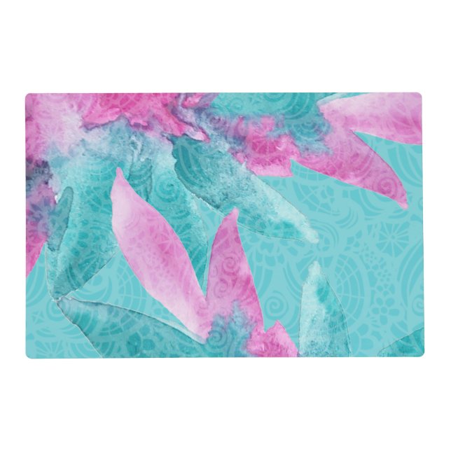 Turquoise Pink Abstract Hawaiian Flowers Placemat (Front)