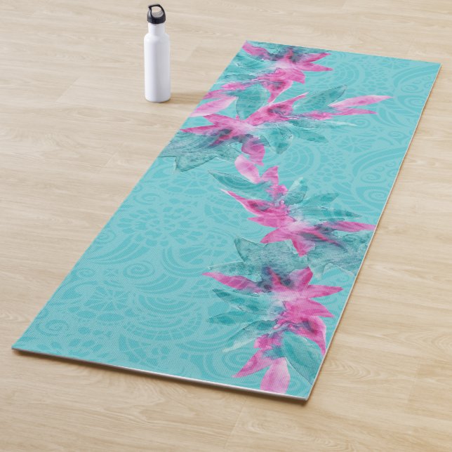Turquoise Pink Abstract Hawaiian Flowers Yoga Mat (In Situ)