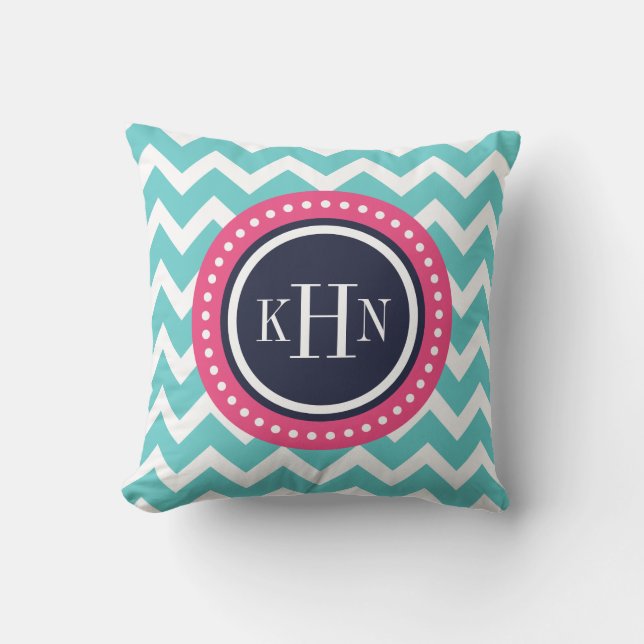 Turquoise Pink and Navy Chevron Monogram Throw Pillow (Front)
