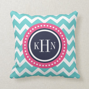 Turquoise Pink and Navy Chevron Monogram Throw Pillow