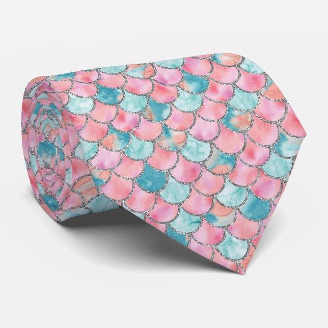Turquoise Pink and Silver Mermaid Scales  Neck Tie (Rolled)