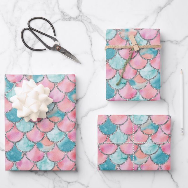 Turquoise, Pink and Silver Mermaid Scales   Wrapping Paper Sheets (Front)