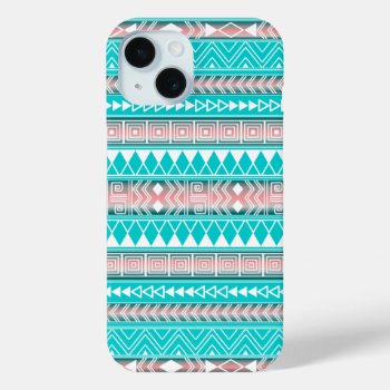 Turquoise  Pink And White Aztec Geometric Pattern Iphone 15 Case by Stangrit at Zazzle