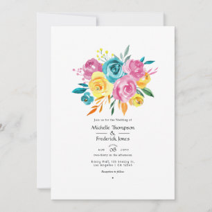 Turquoise, Pink and Yellow Floral Wedding Invitation