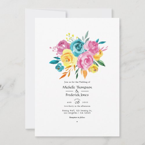 Turquoise Pink and Yellow Floral Wedding  Invitation