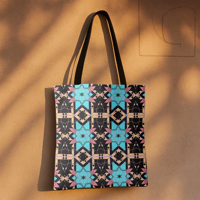 Turquoise Pink Black Boho Geometric Mosaic Pattern Tote Bag (Creator Uploaded)