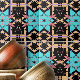 Turquoise Pink Black Mosaic Geometric Pattern Ceramic Tile
