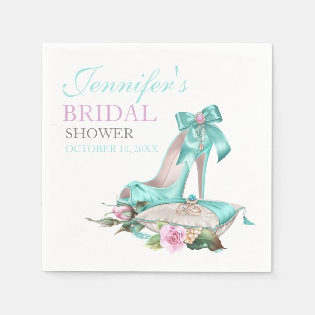 Turquoise & Pink Bridal Shower Shoe & Rose Paper Napkins (Front)