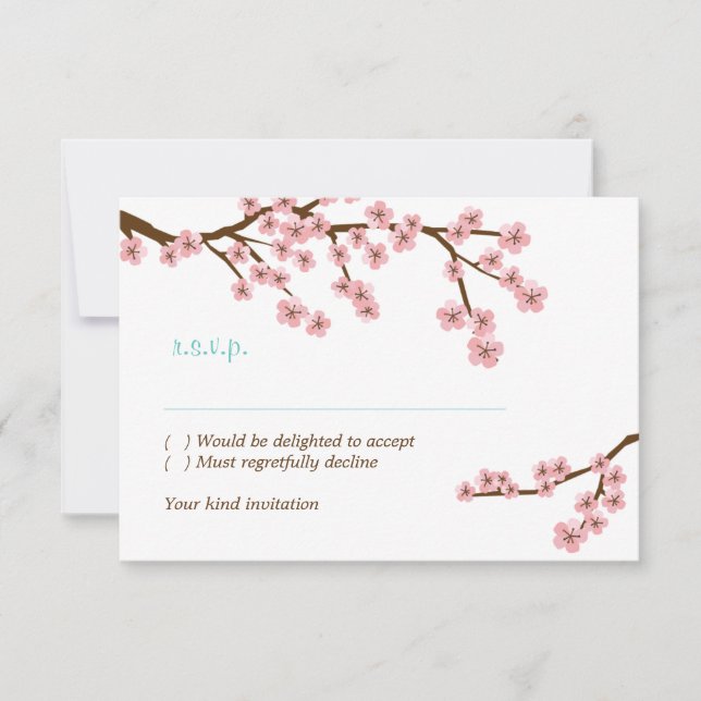 Turquoise & Pink Cherry Blossom RSVP w/ envelopes Invitation (Front)