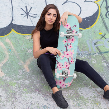 Turquoise Pink Cherry Blossom Skateboard by NinaBaydur at Zazzle