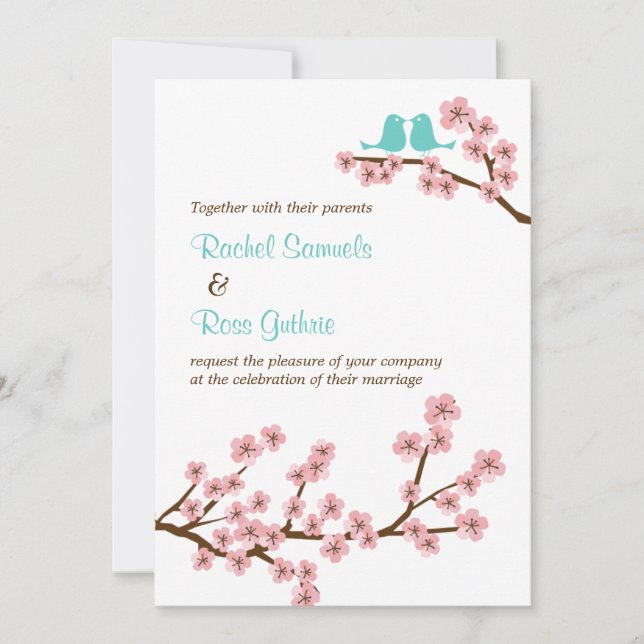 Turquoise & Pink Cherry Blossom (Vertical) Wedding Invitation (Front)