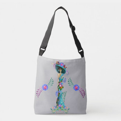 Turquoise  Pink Day of the Dead Elegant Catrina Crossbody Bag