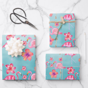 Turquoise Pink Flamingoes & Pink Hibiscus 2 Wrapping Paper Sheets
