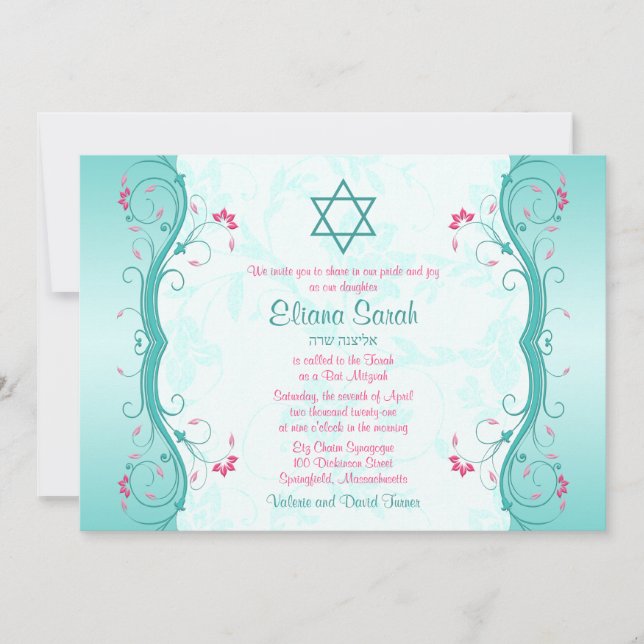 Turquoise Pink Floral Bat Mitzvah Invitation (Front)