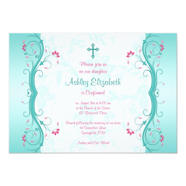 Turquoise Pink Floral Confirmation Invitation