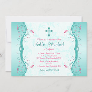 Turquoise Pink Floral Confirmation Invitation