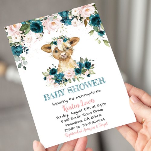Turquoise  Pink Floral Highland Cow Baby Shower Invitation