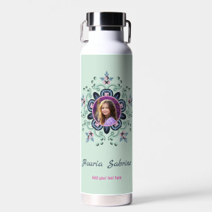 Turquoise & Pink Floral Mandala Doodle Photos Water Bottle