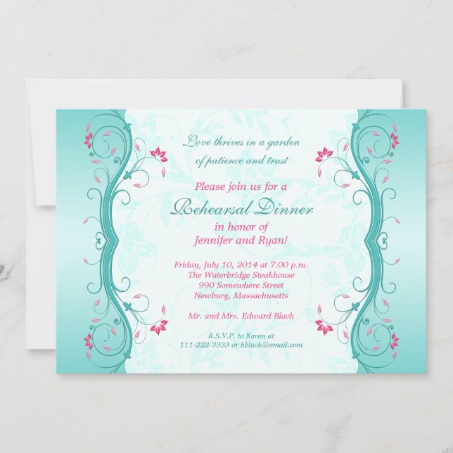 Turquoise Pink Floral Rehearsal Dinner Invitation (Front)
