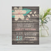 Turquoise & Pink Flower, Rustic Wood Baby Shower Invitation (Standing Front)