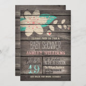Turquoise & Pink Flower, Rustic Wood Baby Shower Invitation (Front/Back)