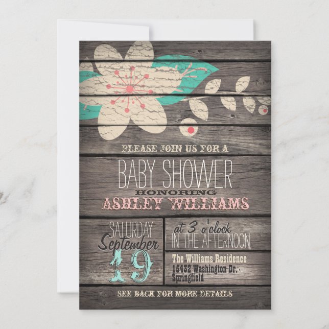 Turquoise & Pink Flower, Rustic Wood Baby Shower Invitation (Front)