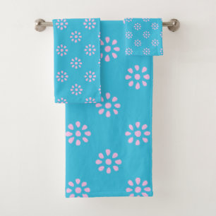 Turquoise Pink Flowers Boho Aesthetic Pattern Bath Towel Set