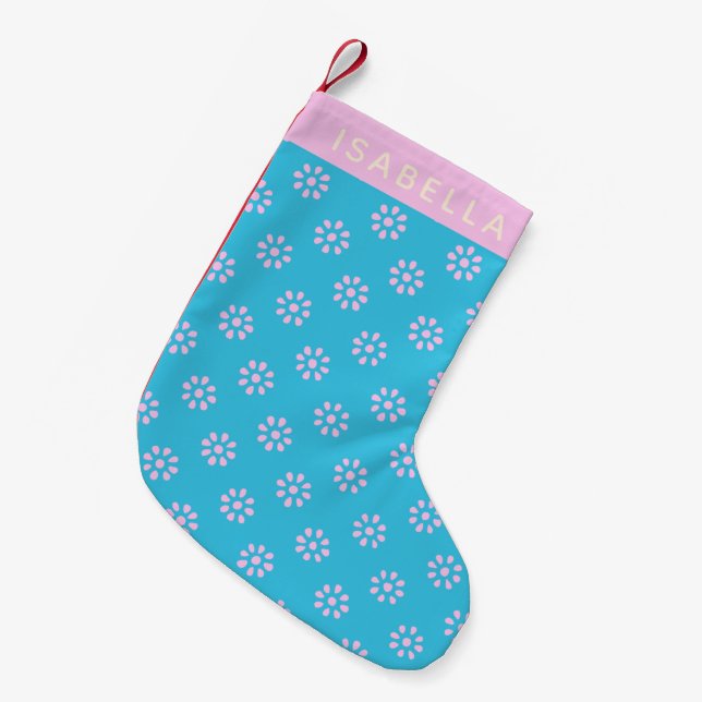 Turquoise Pink Flowers Boho Pattern Personalized Small Christmas Stocking (Front (Hanging))