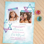 Turquoise, Pink Glitter Bat Mitzvah Invitation<br><div class="desc">Unique teal, pink, and silver glitter Bat Mitzvah invitation with hints of turquoise, blue, and purple gradients. Cute square photos with star of David artwork on soft turquoise watercolor is a beautiful vintage look for your birthday celebration. Photo captions can be changed to any beautiful wording you choose. Easily upload...</div>