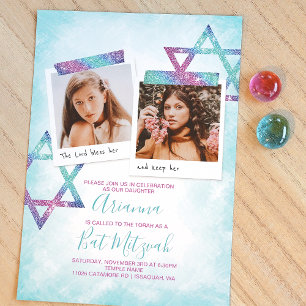 Turquoise, Pink Glitter Bat Mitzvah Invitation
