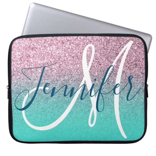 Turquoise Pink Glitter Ombre Girly Monogram Laptop Sleeve