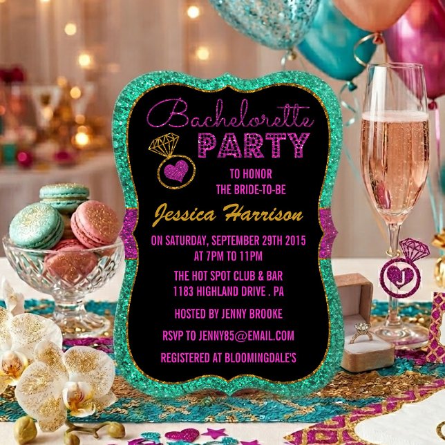 Turquoise, Pink & Gold Glitter Bachelorette Party Invitation (Creator Uploaded)