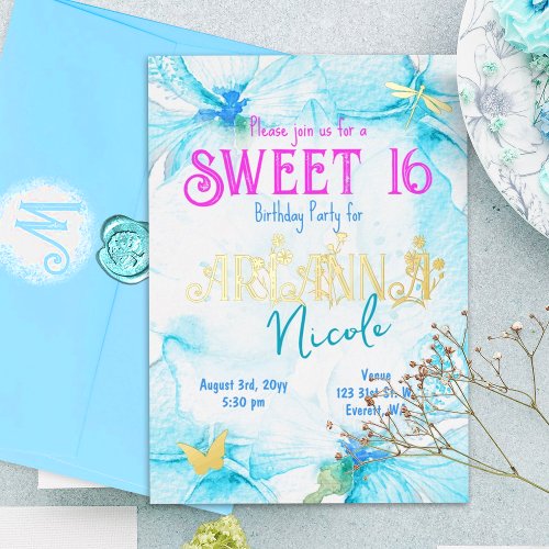 Turquoise Pink Gold Sweet 16 Floral Letters Foil Invitation