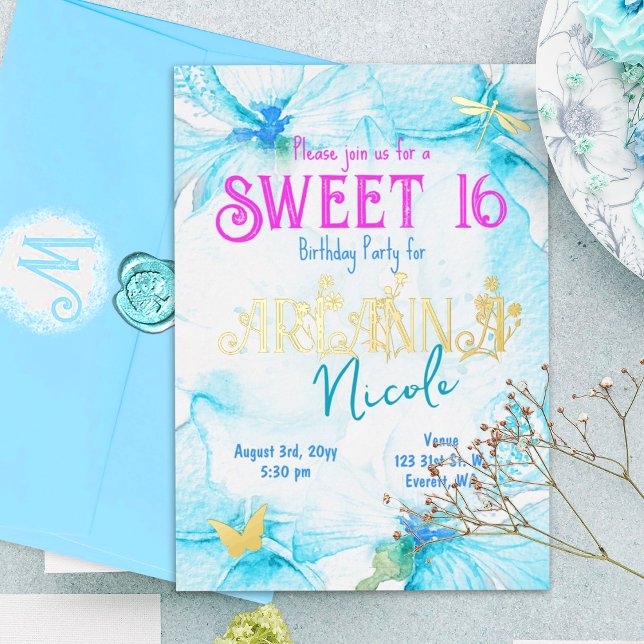 Turquoise Pink Gold Sweet 16 Floral Letters Foil Invitation (Turquoise, cyan, Sweet 16 party invitation with gold foil letters & Whimsical dragonfly & butterfly.)