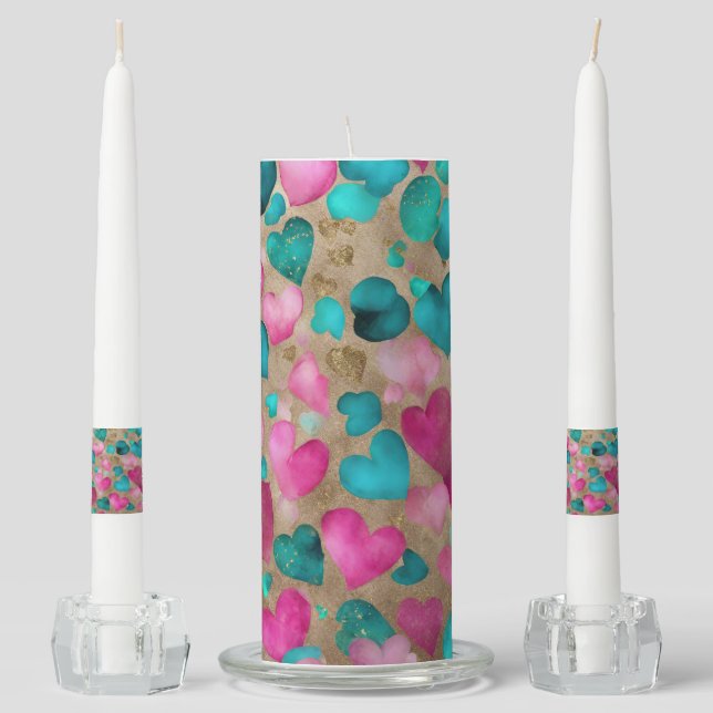 TURQUOISE PINK GOLD WATERCOLOR HEARTS UNITY CANDLE SET (Front)