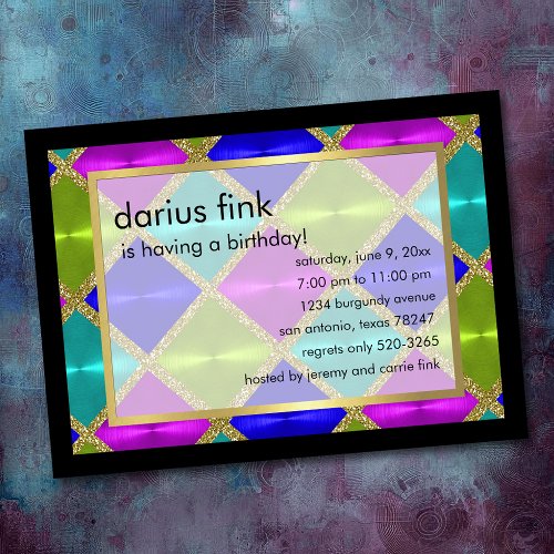 Turquoise Pink Green Blue Gold Birthday Party Invitation
