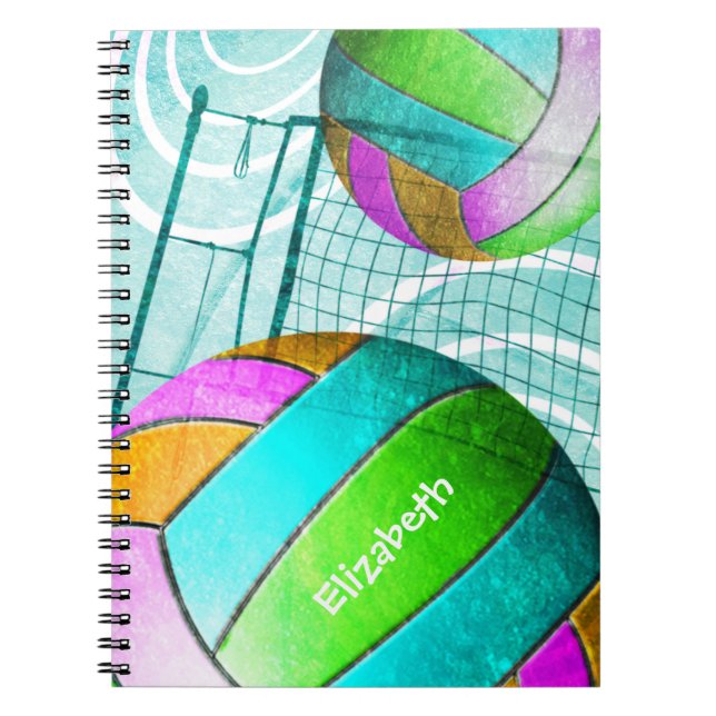 Turquoise pink lime girls' volleyball personalized notebook (Front)