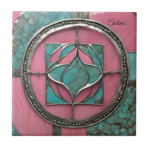 Turquoise & Pink Mosaic Art Ceramic Tile