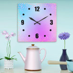 Turquoise pink ombre watercolor confetti dots chic square wall clock<br><div class="desc">Bold, black easy-to-read numerals and colorful orange, pink, and purple confetti dots overlay a chic, pastel turquoise blue, purple and pink watercolor ombre background. Enliven up your favorite room with this stylish, modern, simple and chic wall clock. Your choice of a round or square clock face. Makes a wonderful statement...</div>