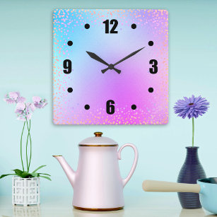 Turquoise pink ombre watercolor confetti dots chic square wall clock