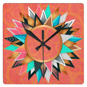 Orange Wall Clocks Zazzle Turquoise Pink Orange Modern Geometric Pattern Square Wall Clock