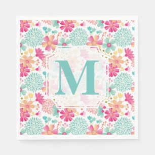 Turquoise Pink Painted Floral monogram Napkins