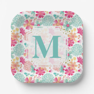 Turquoise Pink Painted Floral monogram Napkins Paper Plates