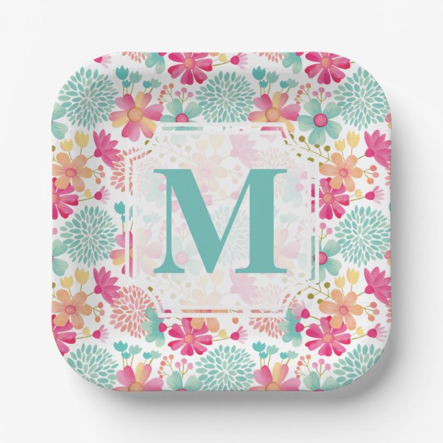 Turquoise Pink Painted Floral monogram Napkins Paper Plates (Front)