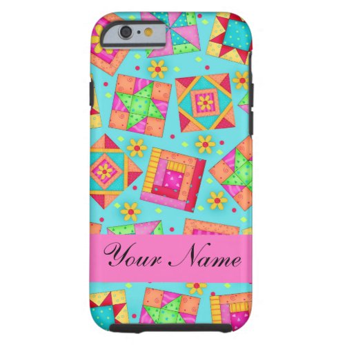 Turquoise Pink Quilt Patchwork Name Personalized Tough iPhone 6 Case