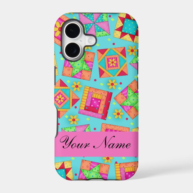 Turquoise Pink Quilt Patchwork Name Personalized Iphone Case (Back)