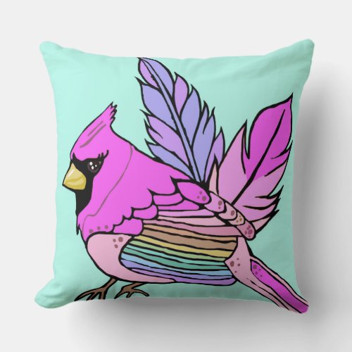 Turquoise Pink Rainbow Cardinal Christmas Pillow